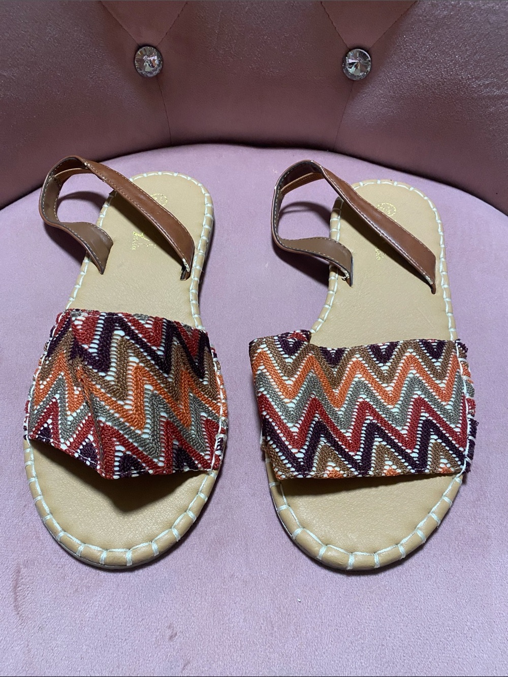 Rouge! Zigzag Woven Slide Sandals in Brown, Orange and Red